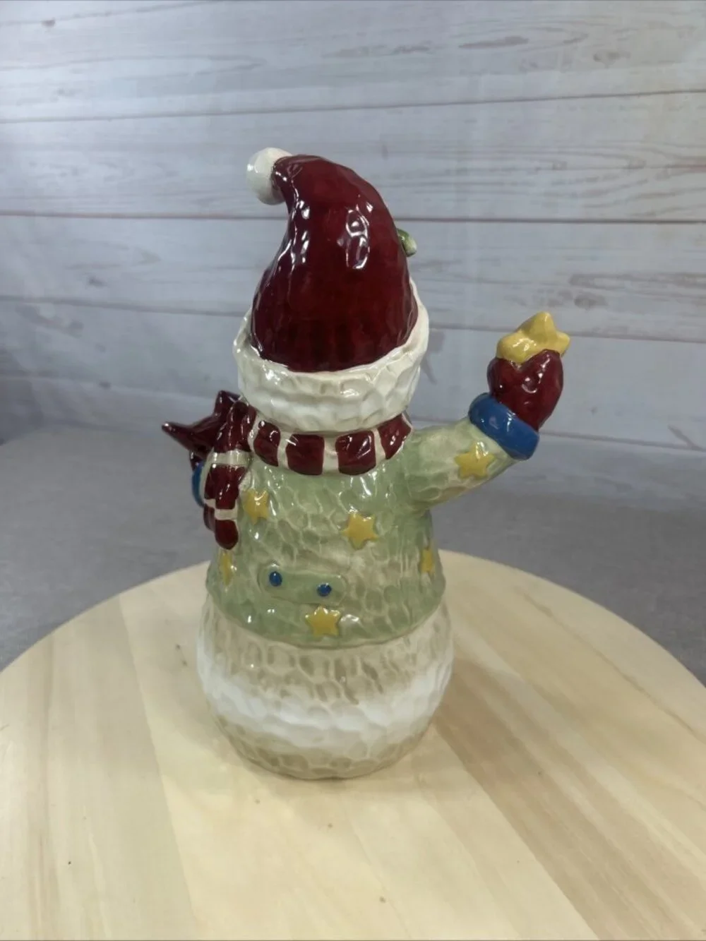 Vintage Painted Folk Art Farmhouse Pottery Snowman With cardinal & Star Decor